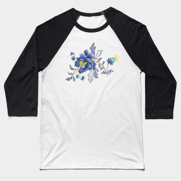 Blue Oriental Florals Baseball T-Shirt by greenoriginals